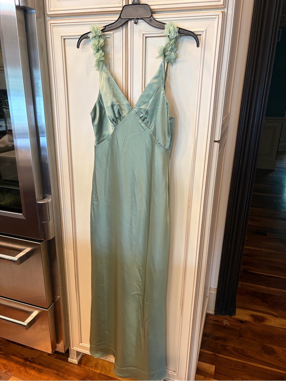 Hello Molly Sage Green Satin Slip Dress with Floral Strap Accents. NWT size S